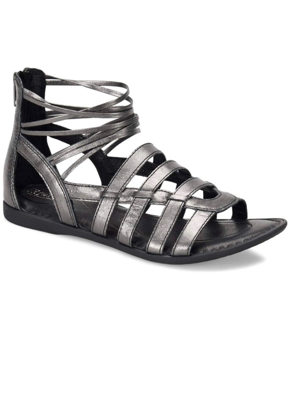 BORN Angeles Metallic Pewter Silver Leather Strappy Gladiator Sandals Size 8
